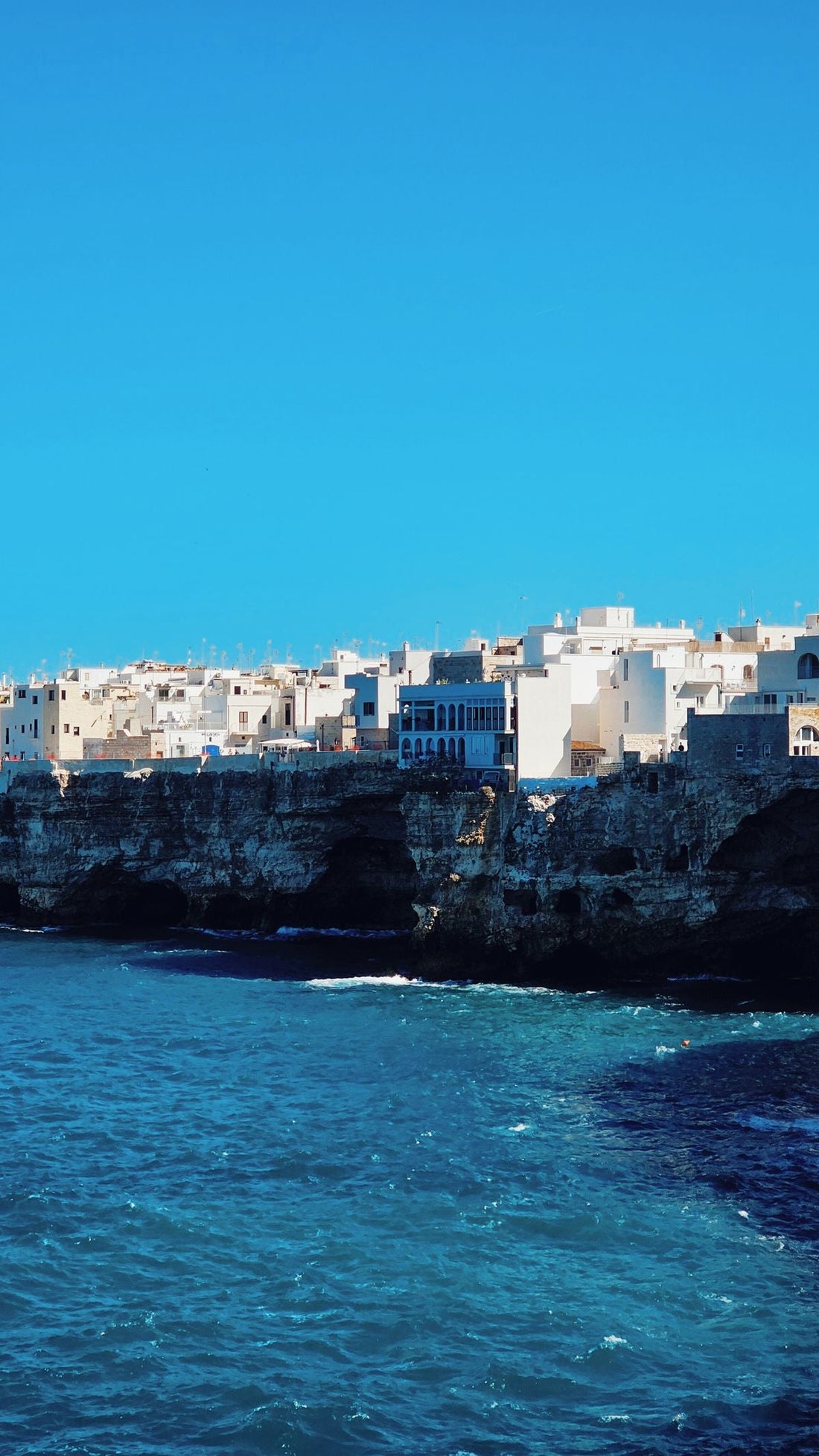 Scogliere e centro storico di Polignano a Mare visti dal mare