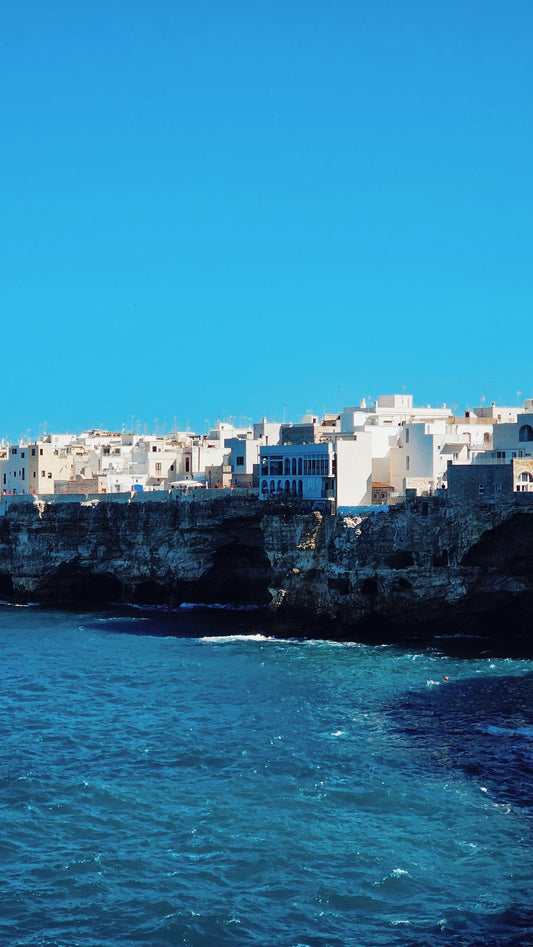 Scogliere e centro storico di Polignano a Mare visti dal mare